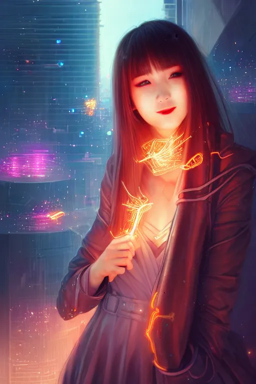 Image similar to portrait futuristic wizard Girl with fire and sparkles and firefly, lovely smile, in future cyberpunk tokyo rooftop , ssci-fi, fantasy, intricate, very very beautiful, elegant, human anatomy, human structure, neon light, highly detailed, digital painting, artstation, concept art, smooth, sharp focus, illustration, art by tian zi and WLOP and alphonse mucha