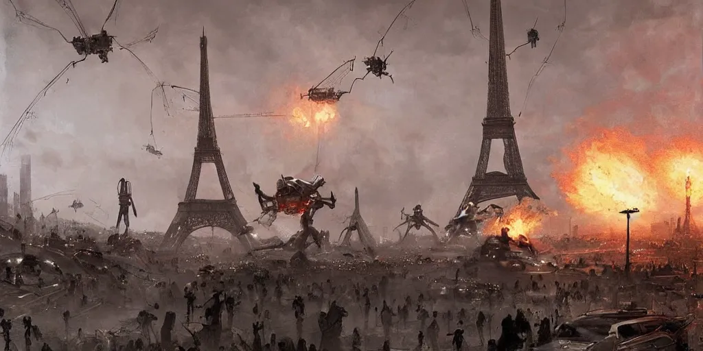 Image similar to war of the worlds, giant mech attack paris, human soldiers, eiffel tower! intense fighting, glowing lights!! digital painting, very detailed, art by jakub rozalski