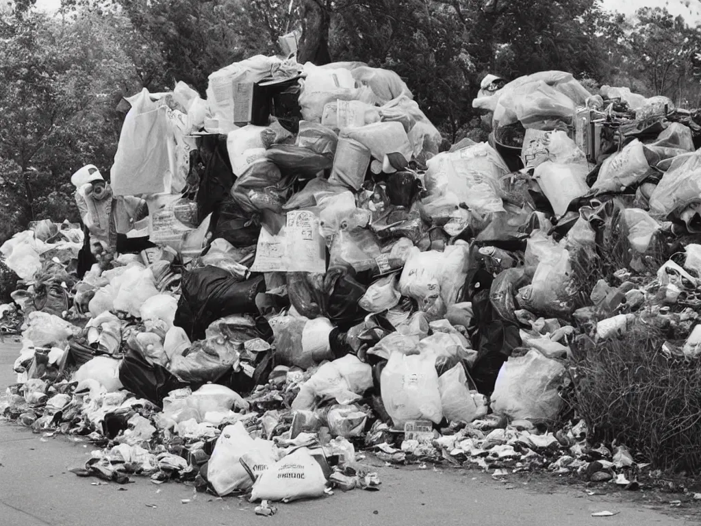 Prompt: a kind garbage collector gifting trash to people, award-winning, 1980 vintage photo, portrait, highly detailed