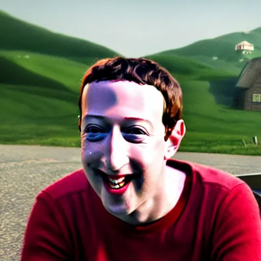 Image similar to closeup photo of mark zuckerberg dressed as pee wee herman, sunny day, village house, pastoral, happy, cinematic, art by jan urschel and neil blevins