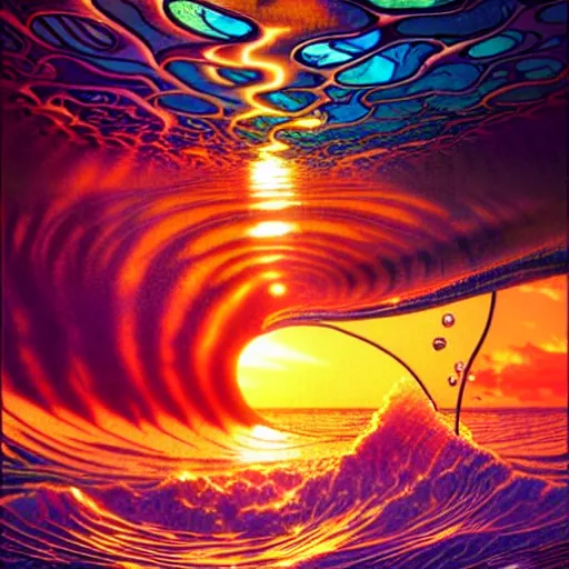 Image similar to ocean wave around giant psychedelic mushroom, lsd water, dmt droplets, backlit, sunset, refracted lighting, art by collier, albert aublet, krenz cushart, artem demura, alphonse mucha