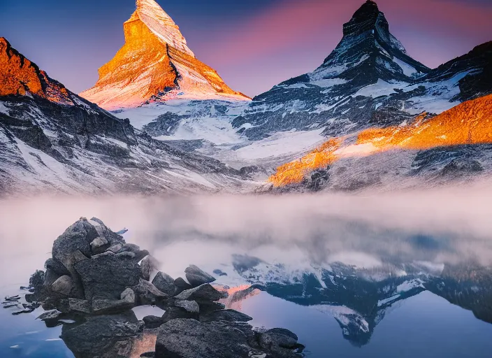 Image similar to photograph of the matterhorn, morning light, landscape photography, award winning, canon, soft lighting, sony, nikon, 4 k, hd