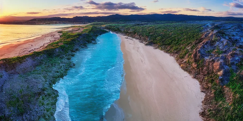 Image similar to a beach between two valley, sun set, digital art, highly detailed, drone wide shot