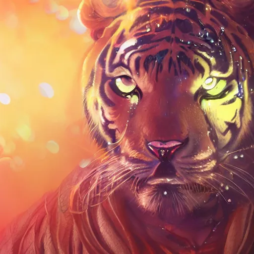 Image similar to a beautfiul award winning commission portrait of an anthro tiger in the neon cyberpunk city at night,wearing a leather jacket,glow effect,detailed face,photorealistic,character design by charles bowater,ross tran,deviantart,artstation,digital art,hyperdetailed,realistoc,western comic style,vfx,dramatic,fantasy,dream-like