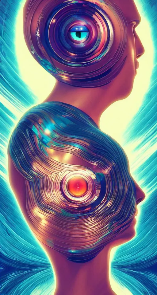 Image similar to art deco close up portait of head surrounded by spheres, like a dream digital painting cinematic dramatic fluid lines otherworldly vaporwave interesting details epic composition by artgerm