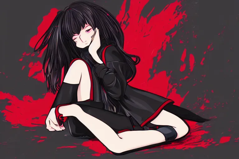 Image similar to a girl laying on her knees, wearing a black outfit with red trim, vector shaded anime style, detailed anime digital art, 4 k