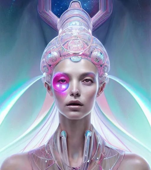 Prompt: porttait of a beautiful celestial Italian Mexican pearlescent interstellar Goddess wearing a futuristic slim dress exposed in cryo chambers by James Jean, pink and white theme, intricate, elegant, highly detailed, centered, digital painting, artstation, concept art, smooth, sharp focus, illustration, by Peter Mohrbacher, WLOP
