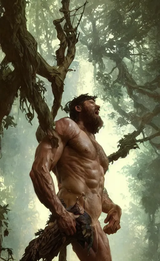 Image similar to god of the forest, 30 years old, rugged, male, gorgeous, detailed face, amazing, thighs!!!!!!, muscular, intricate, highly detailed, digital painting, artstation, concept art, sharp focus, illustration, art by greg rutkowski and alphonse mucha