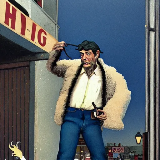 Image similar to 1 9 7 0 : a hirsute broad man in a { denim shearling jacket } smokes a { lit cigarette } outside a lonely bar in queens at 1 am, high quality high detail art by angus mcbride & n. c. wyeth, hd, realistic, photorealistic lighting, composition inspired by gregory crewdson.