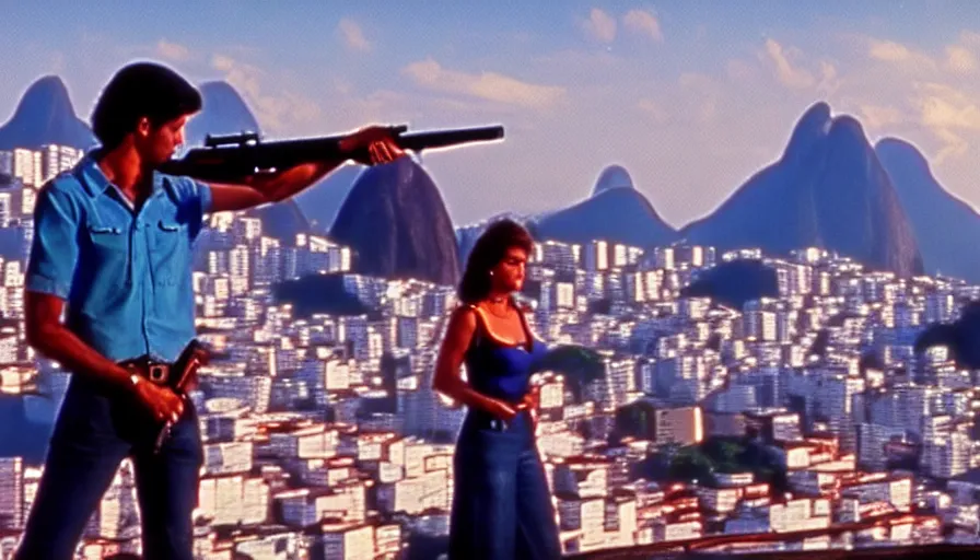 Image similar to 1 9 8 6 movie screencap of a couple with a gun on a rio de janeiro, gucci clothes, sparkes sky, beautiful favela background extremely utra high quality artwork 8 k