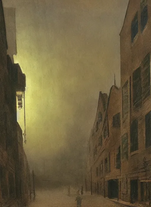 Image similar to 1 9 th century london, shady alleys, pub, thick fog, coherent composition art by caspar david friedrich, thomas lawrence, john martin