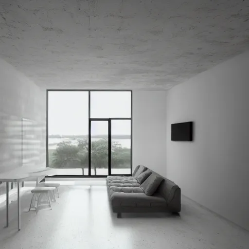 Prompt: render of a minimalistic studio loft, caustics