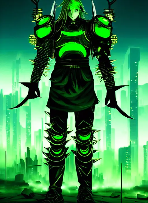 Image similar to a striking cinematic full body manga portrait of a male warrior with long blonde hair and blue eyes wearing evil green spiked cyberpunk armour and standing in the desolate burning ruins of a futuristic city by hirohiko araki and beeple, fine details, digital art, character concept art, volumetric lighting, cinematic light, photorealistic