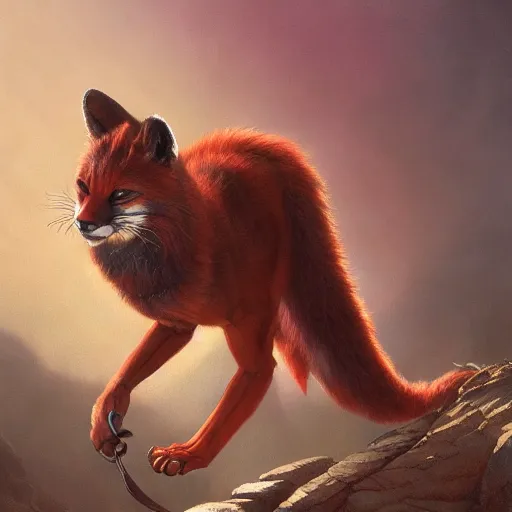 Image similar to Red Puma Fox Beast Chimera Hybrid collar wearing feather crest paws fingernails whiskers snacks tail eyes furry fuzzy standing atop grand canyon greg rutkowski greg danton tony sart raymond swanland chris foss chris cold christophe norman rockwell young acrylic 4k artstation wikiart wikipedia realism tilt-shift aspca adoption research