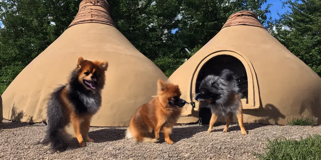 Prompt: tan pomeranian in front of a yurt