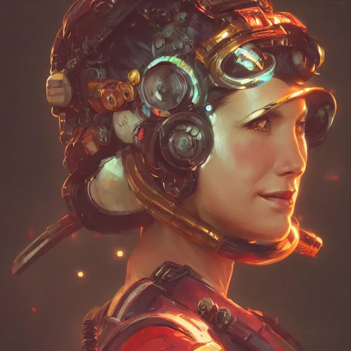 Prompt: a head and shoulders portrait of a female space pirate, neon, retro, steampunk, smooth, sharp focus, intricate, artstation, detailed concept art by Greg Rutkowski and Norman Rockwell and artgerm and Petros Afshar