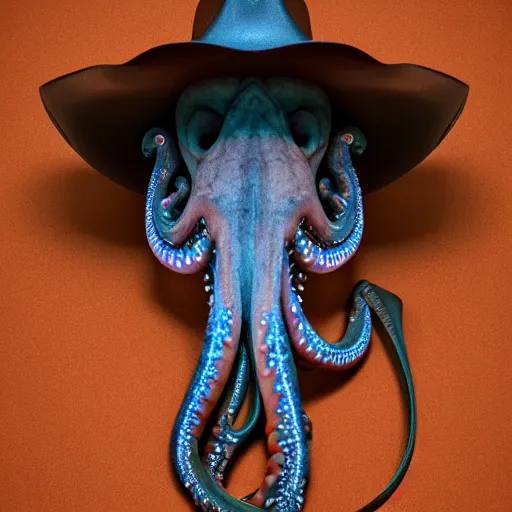 Image similar to hyperrealistic dslr film still of amorphous cephalopod wearing a cowboy hat, stunning 8 k octane comprehensive 3 d render, inspired by istvan sandorfi & greg rutkowski & unreal engine, perfect symmetry, dim volumetric cinematic lighting, extremely hyper - detailed, extremely lifelike attributes & lifelike texture, intricate, masterpiece, artstation, stunning