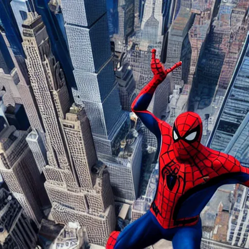 Image similar to marvel spider - man standing on top of the empire state building