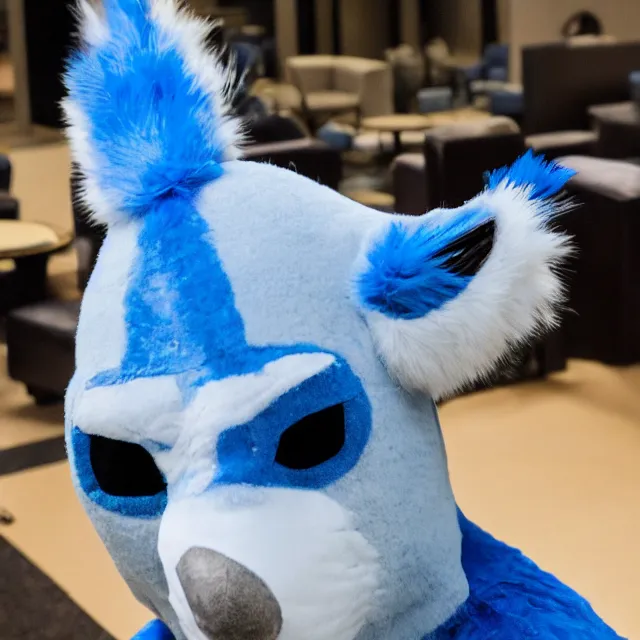 Image similar to a person wearing a fursuit of a blue jay fursona, fursona, furry convention, hotel lobby, indoors, photograph, furry fandom, photorealistic,