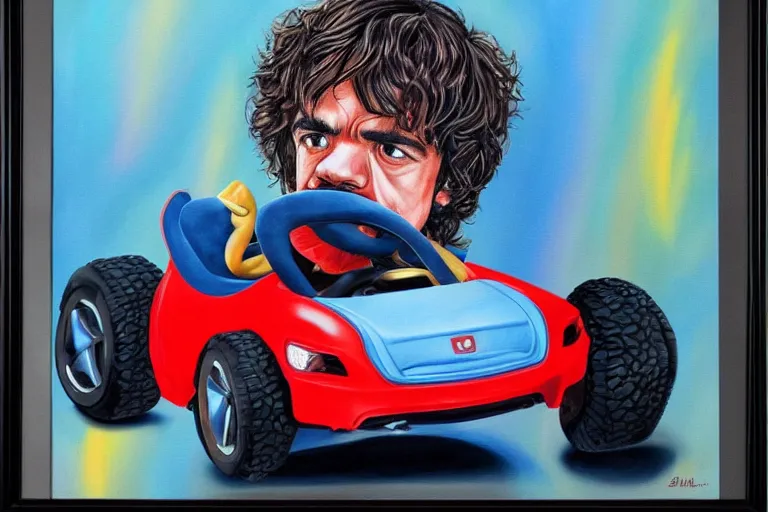 Image similar to black velvet painting of peter dinklage driving a little tikes crazy coupe