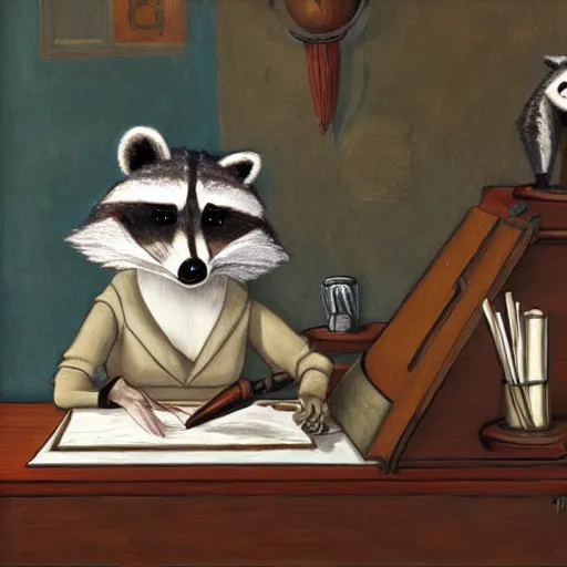 Prompt: anthropomorphic Raccoon artificer working at a desk, wearing traditional clothes, oil painting