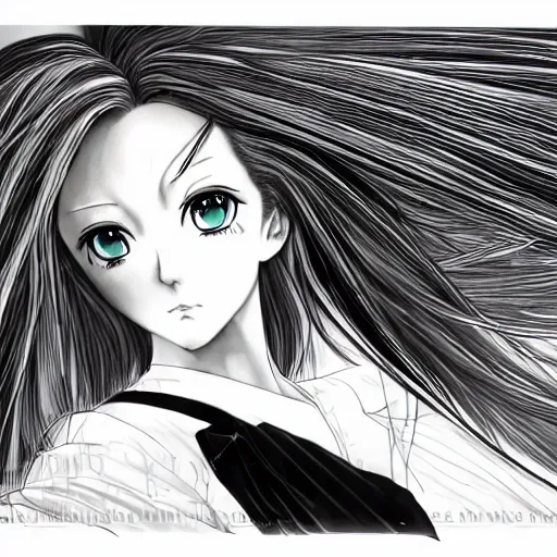 Prompt: Renaissance oil portrait of an anime girl with long white hair fluttering on the wind and black eyes wearing office suit in the style of Yoshitaka Amano drawn with expressive brush strokes, abstract black and white patterns in the backround