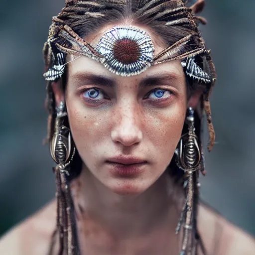 Image similar to portrait of a stunningly beautiful caucasian tribal female, depth of field, zeiss lens, detailed, symmetrical, centered, fashion photoshoot, by Annie Leibovitz and Steve McCurry, David Lazar, Jimmy Nelsson, Breathtaking, 8k resolution, extremely detailed, beautiful, establishing shot, artistic, hyperrealistic, beautiful face, octane render