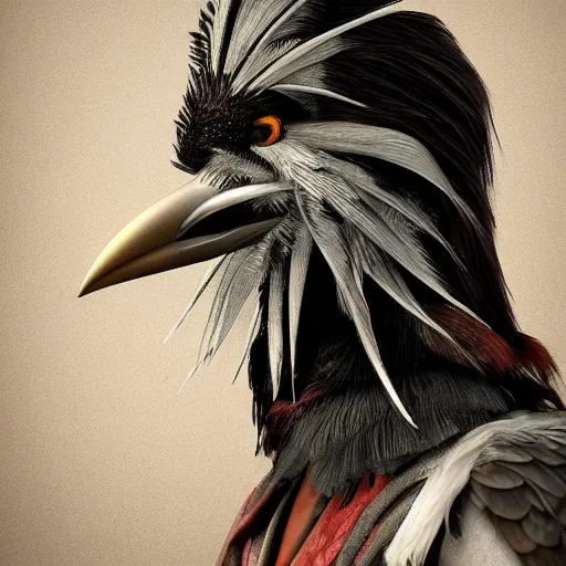 Prompt: feathered crow man, photorealistic, 8 k, trending on artstation, by aggi erguna,