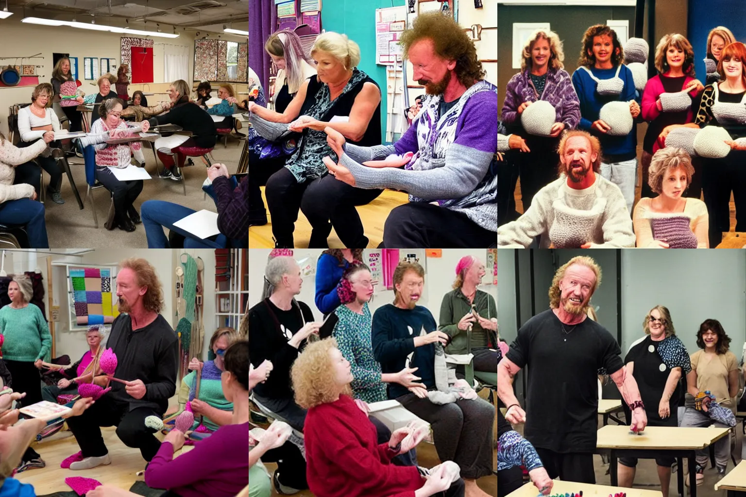 Prompt: Diamond Dallas Page teaching a knitting class. photo from New York Magazine