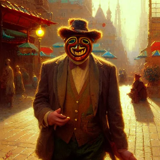 Image similar to the happy mask salesman in clock town. highly defined painting, highly detailed painting by gaston bussiere, craig mullins 8 k