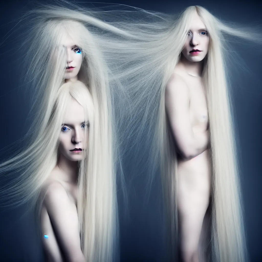 Prompt: portrait of a single woman with long blond hair dressed in long white, fine art photography light painting in style of Paolo Roversi, professional studio lighting, dark background, hyper realistic photography, fashion magazine style