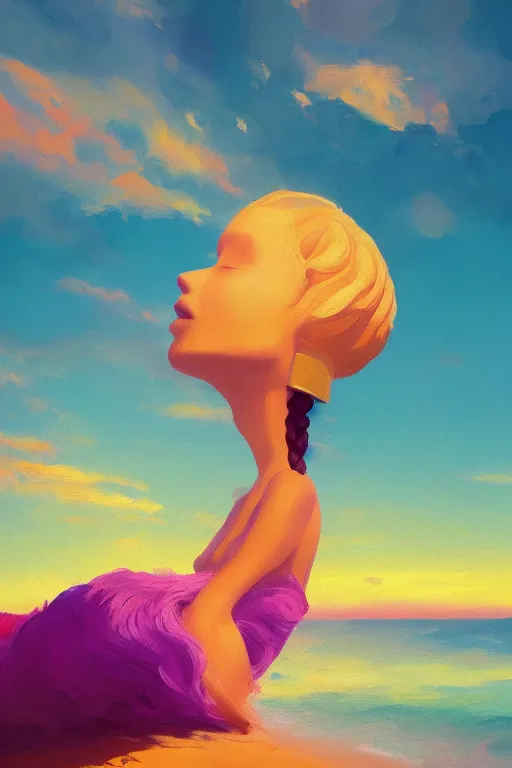 Prompt: closeup, giant lilac head, girl on beach, surreal photography, golden hour, colorful clouds, impressionist painting, digital painting, artstation, simon stalenhag