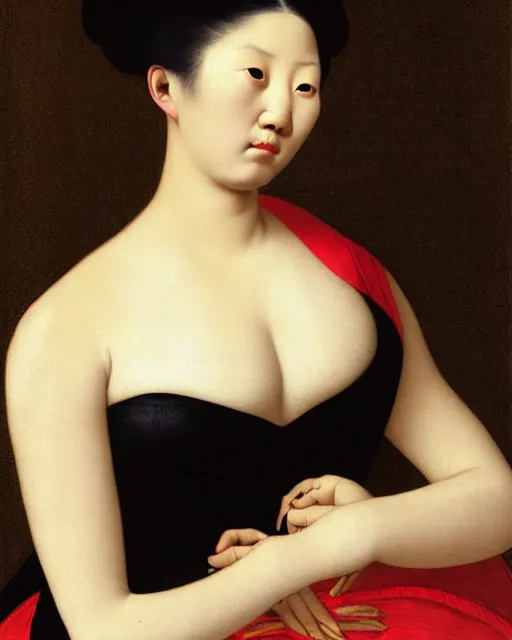 Prompt: photo-realistic portrait of an asian woman with red hair buns, wearing a black dress by Vivienne Westwood, intricate details, masterpiece, in the style of Jean Auguste Dominique Ingres, black background