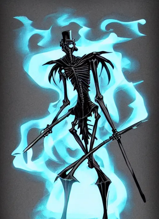 Image similar to DND character concept, Tall skeletal figure, wearing a deep black suit!!! and tie and top hat, holding a golden cane. Surrounded by light blue!!! flames!!