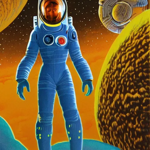 Image similar to a portrait of pilot stallone in spacesuit on field forrest spaceship station landing laying lake artillery outer worlds in FANTASTIC PLANET La planète sauvage animation by René Laloux