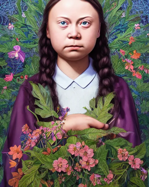 Prompt: highly detailed picture of greta thunberg, orthodox saint, anxious, piercing eyes, ornate background of leaves and flowers, by hsiao - ron cheng and john james audubon and miho hirano, moody lighting, 8 k, hd, 8 k