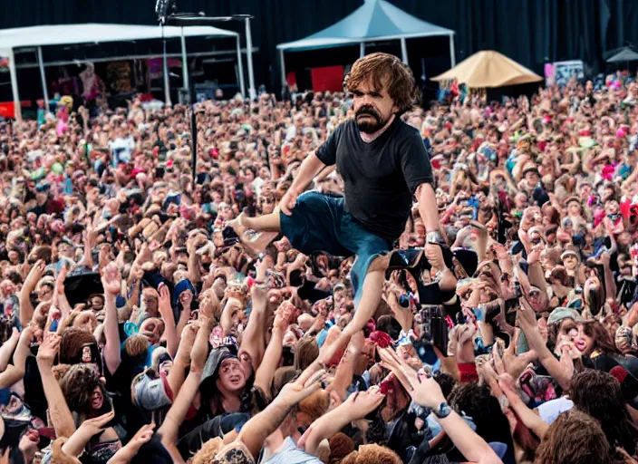 Image similar to photo still of peter dinklage at the vans warped tour!!!!!!!! at age 3 6 years old 3 6 years of age!!!!!!!! stage diving into the crowd, 8 k, 8 5 mm f 1. 8, studio lighting, rim light, right side key light