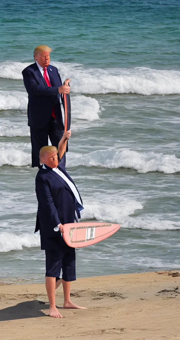 Image similar to Donald Trump holds a surfboard standing near the breakwater at a beach, Chunky old Trump wears tropical board shorts and sandals with a smug look, 4k, sharp focus, photo by professional