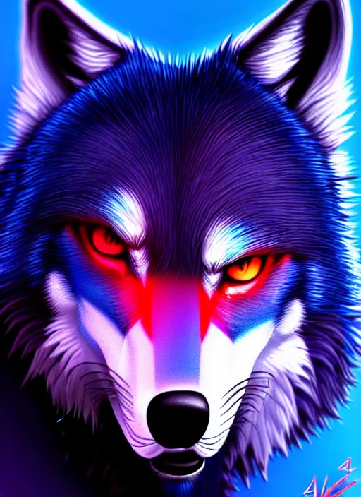 Image similar to blue wolf, red eyes highly detailed, deep focus, digital painting, smooth, sharp focus, anime art style, trending on artstation, 4 k