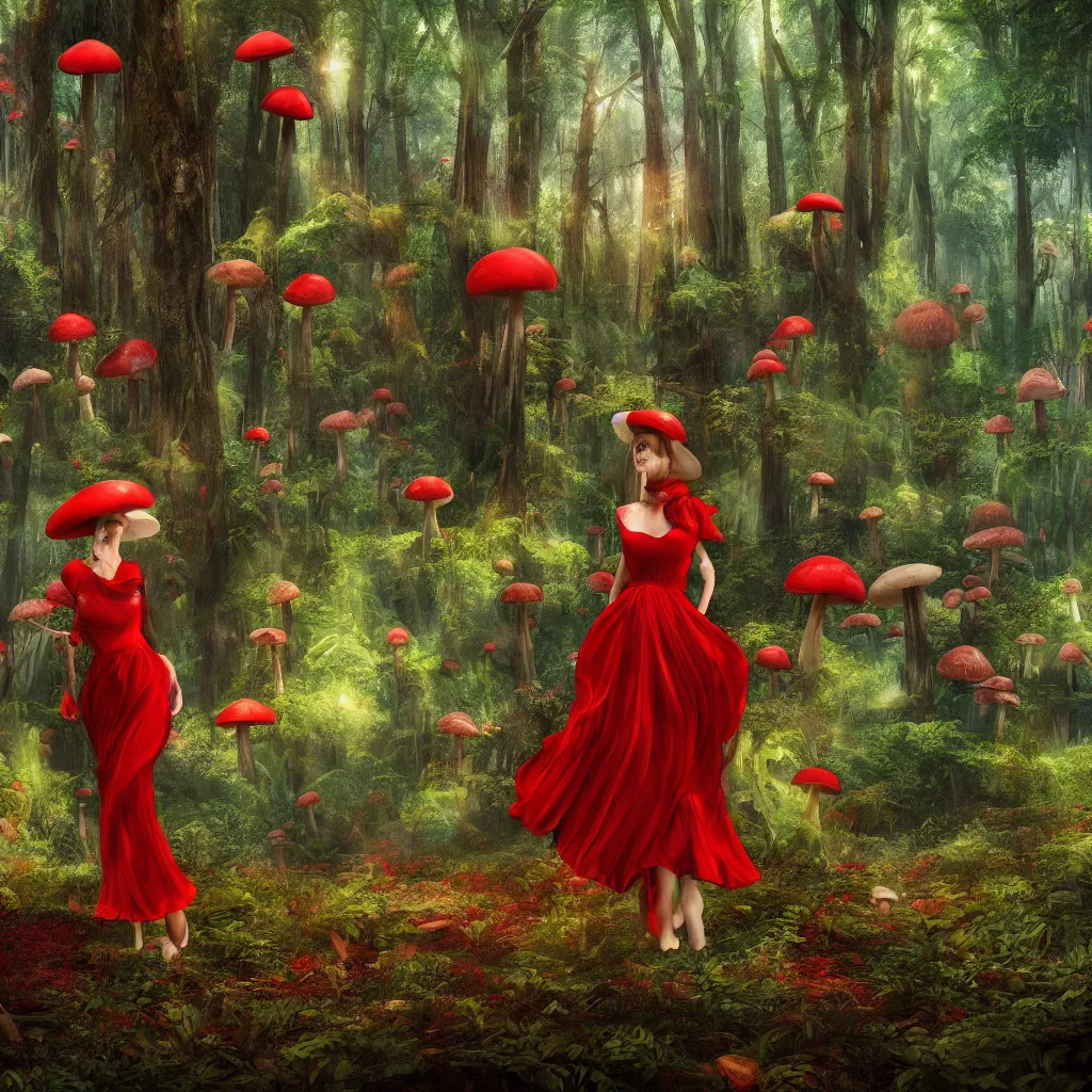 Prompt: Mushroom forest, biopunk, lush, vegetation, tall trees, godrays, falling leaves, woman, red dress, red mushrooms, digital art, 8k, trending on artstation