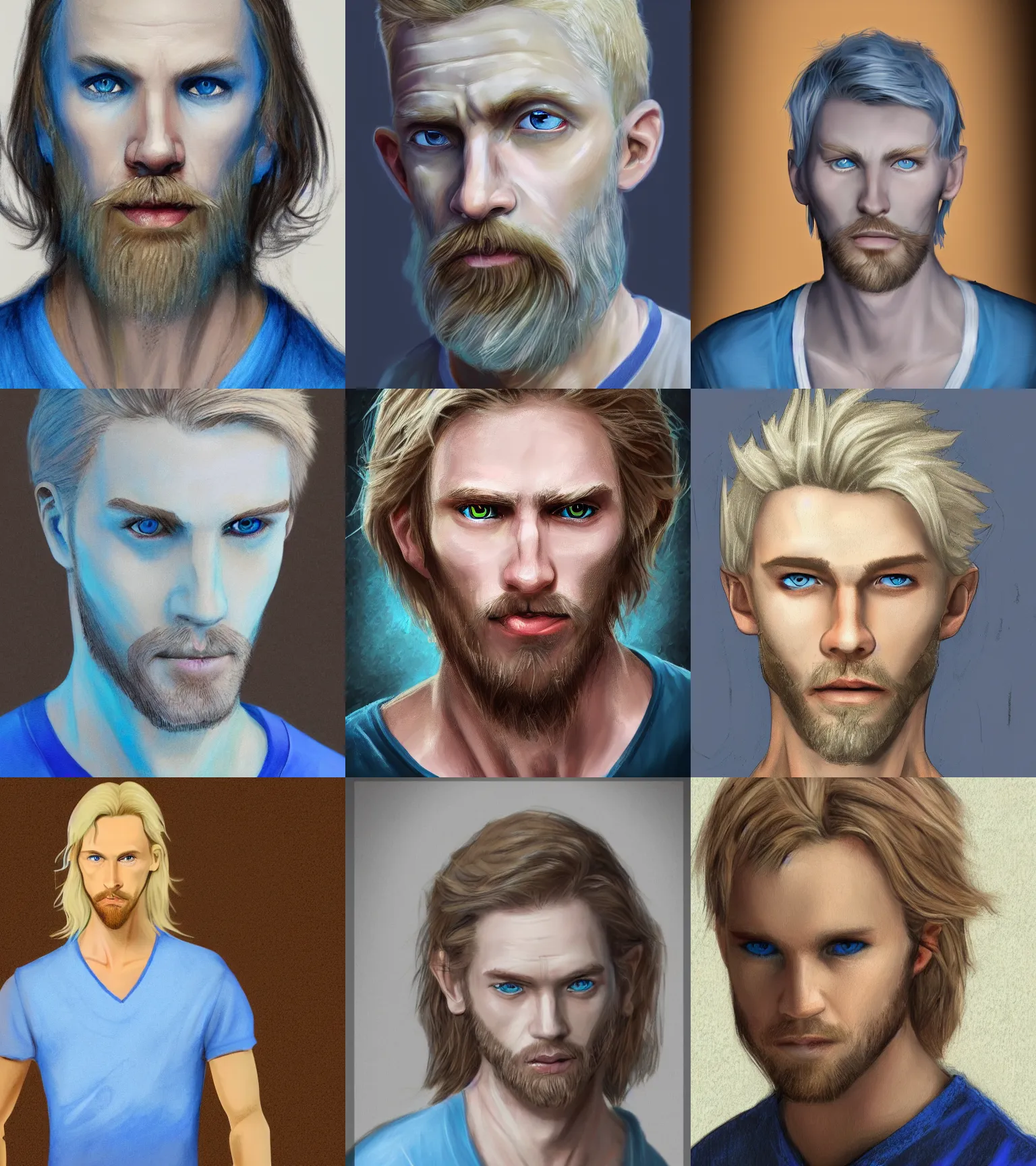 Prompt: digital pastel portrait of a skinny white male, slightly longer blond hair and a light stubble beard, wearing a blue vneck shirt, blue eyes, little rugged, dnd, fantasy, wizard, trending artstation, dungeons & dragons, neutral expression, wood background, award winning dark lighting, realistic