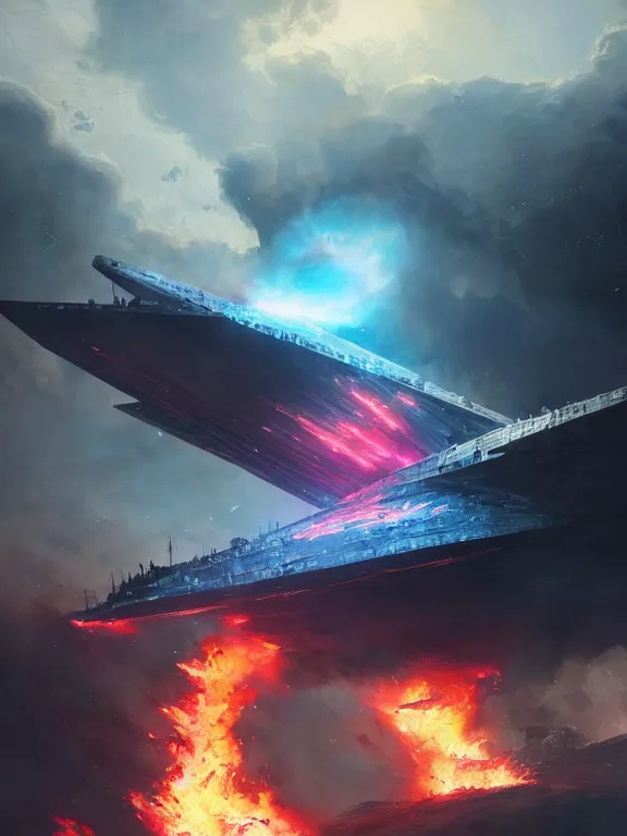 Image similar to photo of 8k ultra realistic star destroyer on fire, full of colour, cinematic lighting, battered, trending on artstation, 4k, hyperrealistic, focused, extreme details,unreal engine 5, cinematic, masterpiece, art by Peter Mohrbacher