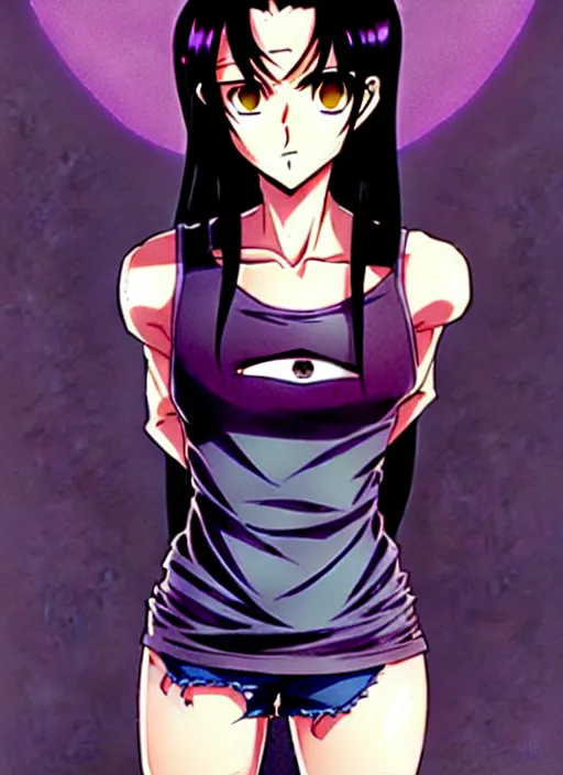 Image similar to style of madhouse studio anime, rei hiroe black lagoon manga, loish, artgerm, joshua middleton comic art, portrait of revy from black lagoon, purple hair, symmetrical eyes and symmetrical face, jean shorts, white tank top, waist up, sarcastic evil smirk on face, natural lighting, sky and ocean background