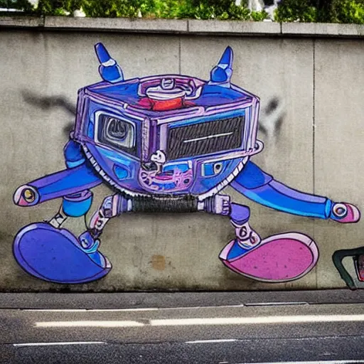 Prompt: samurai robot cat playing synth, street art