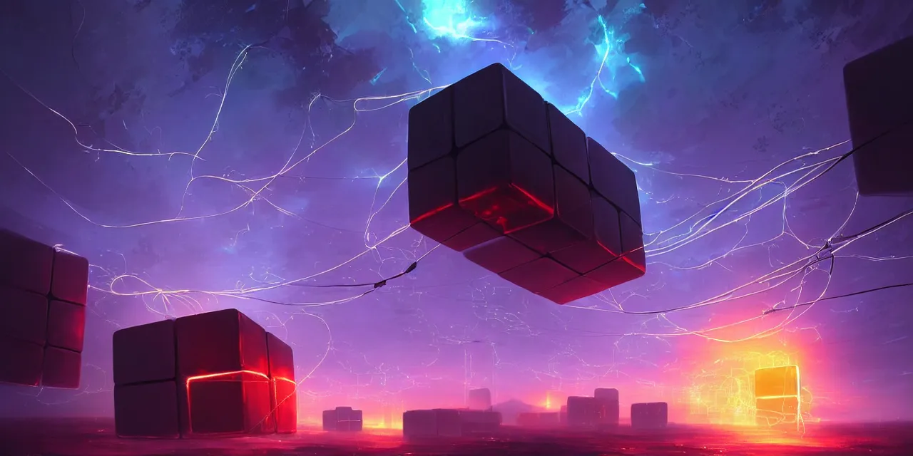 Image similar to a fleet of giant glowing futuristic cubes tied to each other with lots of glowing wires in the sky, thick glowing wires, light rays bouncing between cubes, a fantasy magical landscape seen in the distance, atmospheric lighting, intricate, volumetric lighting, beautiful, sharp focus, ultra detailed, in the art style of marc simonetti, bowater charlie and brom gerald, astrophotography