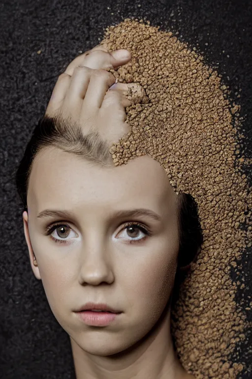 Prompt: millie bobby brown made out of millet, human face made out of millet, professional food photography