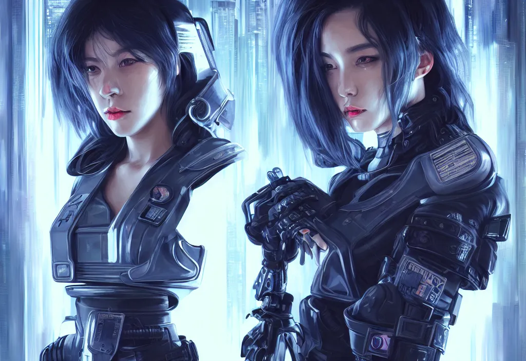 Image similar to portrait holy dark grey hair of futuristic police girl, black armored uniform, at cyberpunk reflected tokyo night, ssci - fi and fantasy, neon light, intricate and very very beautiful, highly detailed, digital painting, artstation, concept art, smooth and sharp focus, illustration, art by tian zi and wlop and alphonse mucha