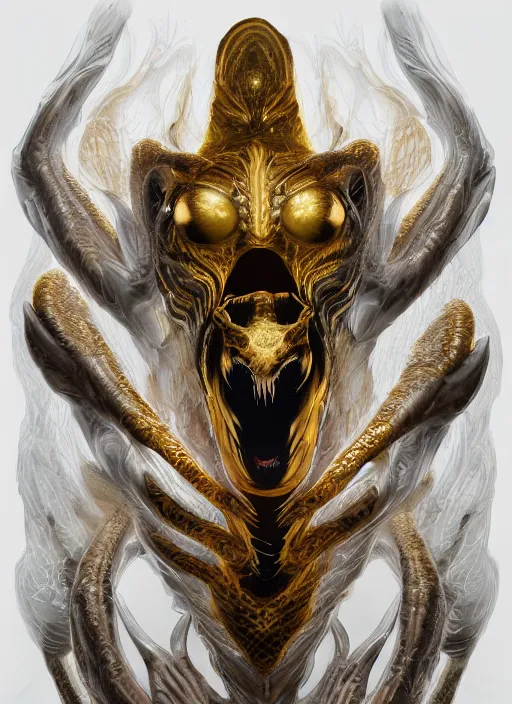 Prompt: female white and gold venom, naturel, hyper detailed, digital art, trending in artstation, cinematic lighting, studio quality, smooth render, unreal engine 5 rendered, octane rendered, art style by klimt and nixeu and ian sprigger and wlop and krenz cushart