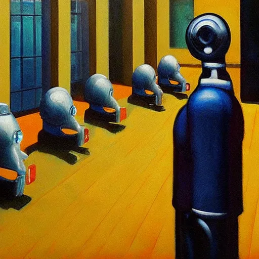 Image similar to robots queue up for eye scanner, grant wood, pj crook, edward hopper, oil on canvas