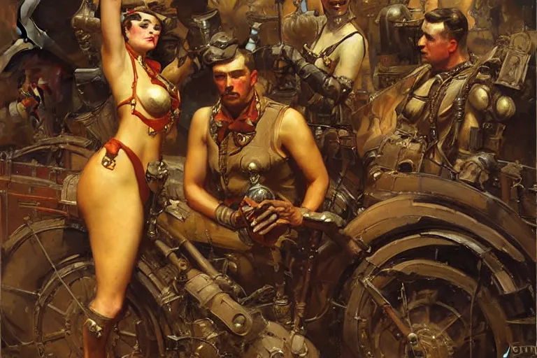 Image similar to dieselpunk, painting by gaston bussiere, craig mullins, j. c. leyendecker, tom of finland